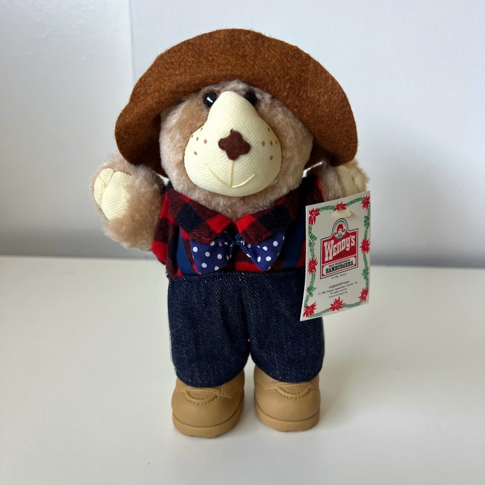 Vintage 1986 Wendy's Furskins Farrell Furskin Bear Happy Holidays Plush w/ Tags